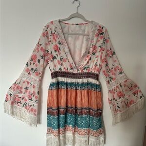 Bohemian Dress Size XL Bell Sleeves Deep Neckline Fringe Festival Fairycore